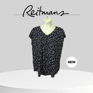 NWOT, Reitmans, Plus Size Floral V-Neck Blouse, 3X, Navy & White